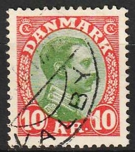 FRIMÆRKER DANMARK | 1927-28 - AFA 177 - Chr. X 10 Kr. rød/grøn - Stemplet Valby